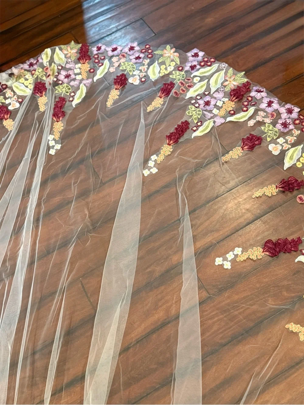Floral Embroidered Cathedral Veil with Burgundy & Lilac Accents
